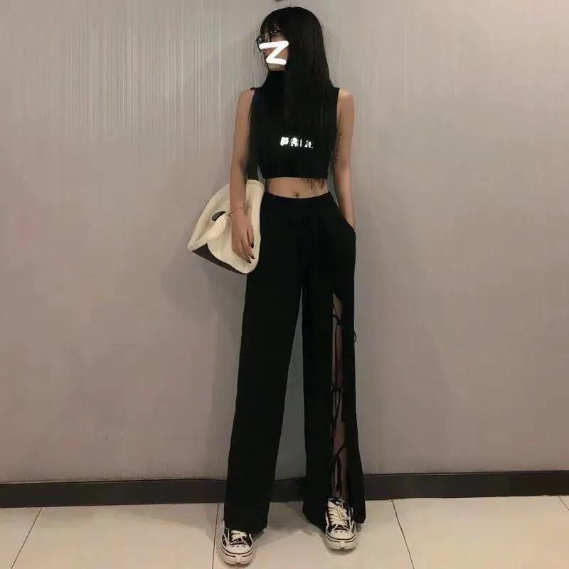Holle Wijde Pijpen Broek Casual Broek Vrouwen Zomer Stijl Boog-Knoop Persoonlijkheid Split Veters Hoge Taille Broek streetwear Broek