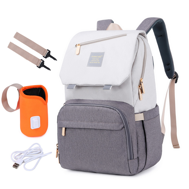 Sac à dos à couches pour bébé, sac de poussette pour maman papa, sac à main Oxford étanche, Kits de couches d'allaitement, sacs de maternité, support chauffant USB,: Ivoire