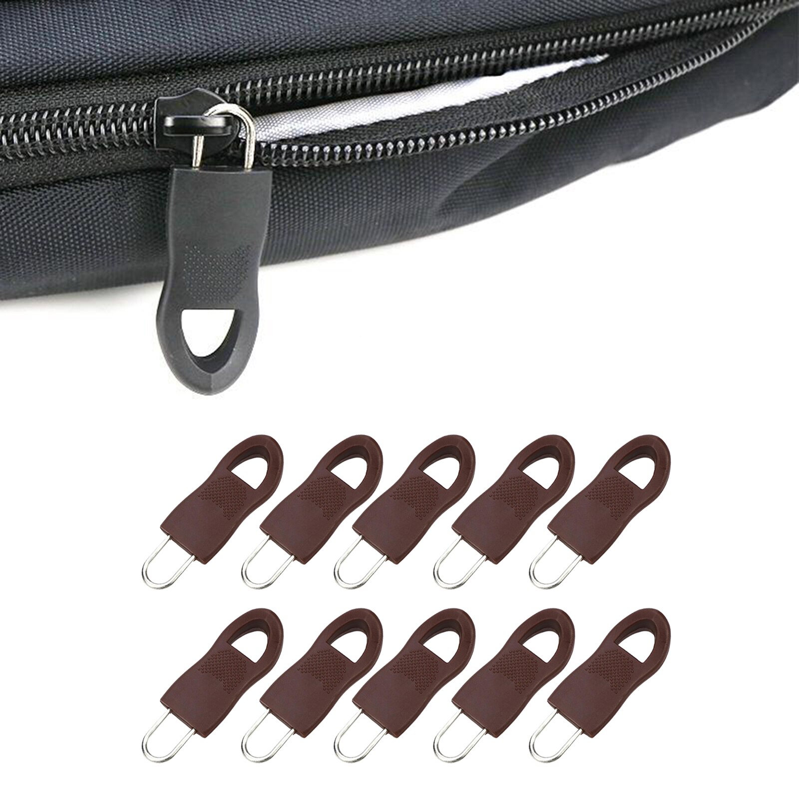 Fijador de cremallera desmontable, etiquetas de reparación, Pestaña de tirar para bolsas para ropa artesanal, 10x: Brown 3.4x1.4cm