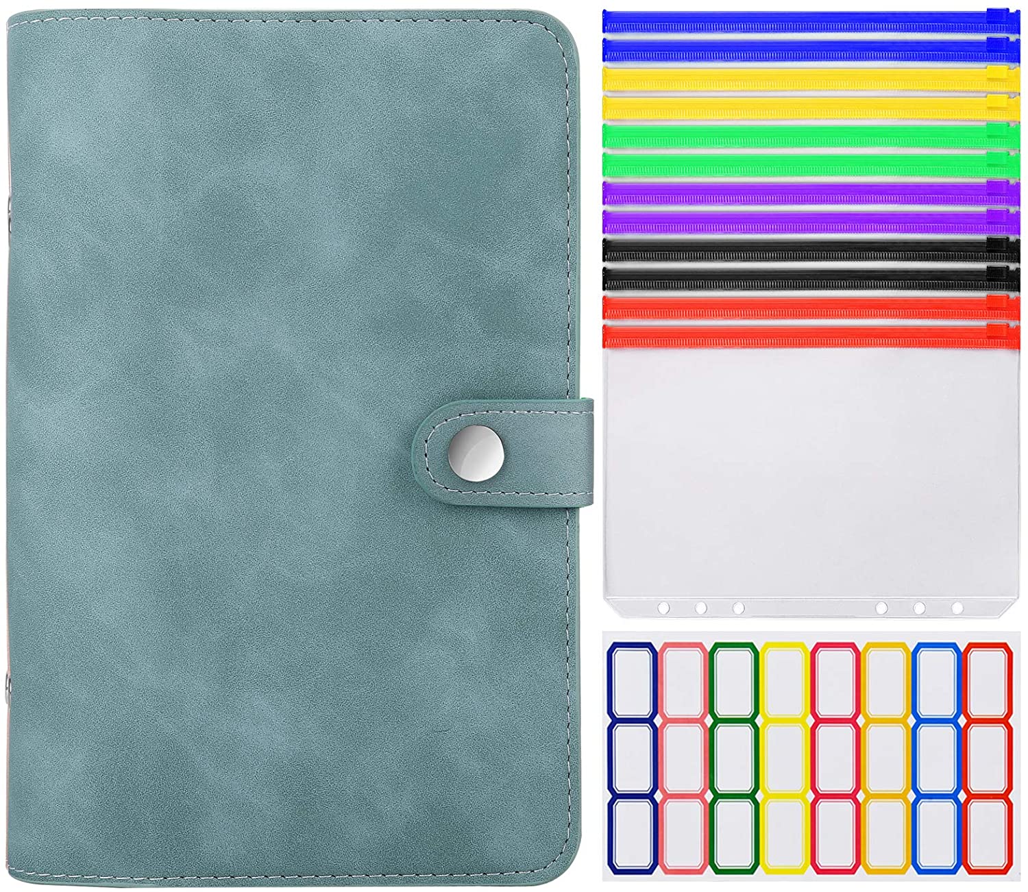 A6 Lederen Bindmiddel Cover Met Plastic Zakken 6 Ring Soft Navulbare Notebook Bindmiddel 12 Gekleurde Clear Rits Envelop Voor Budget: green