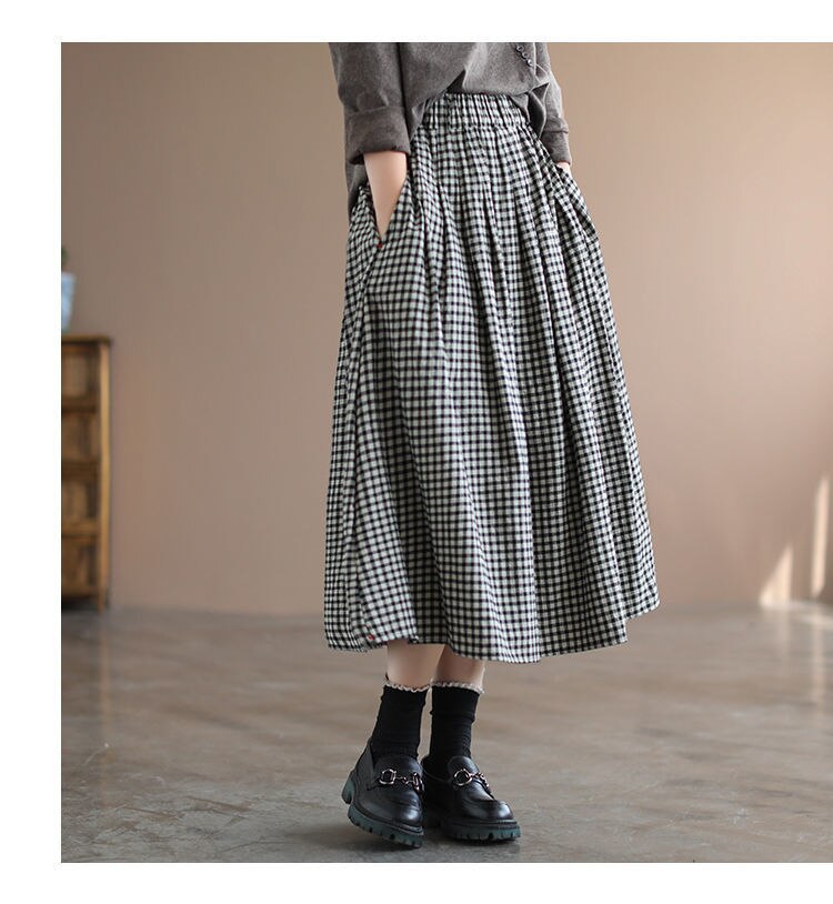 Jupe longue à carreaux avec poche, , japonaise Vintage, ligne a, grande taille, ample