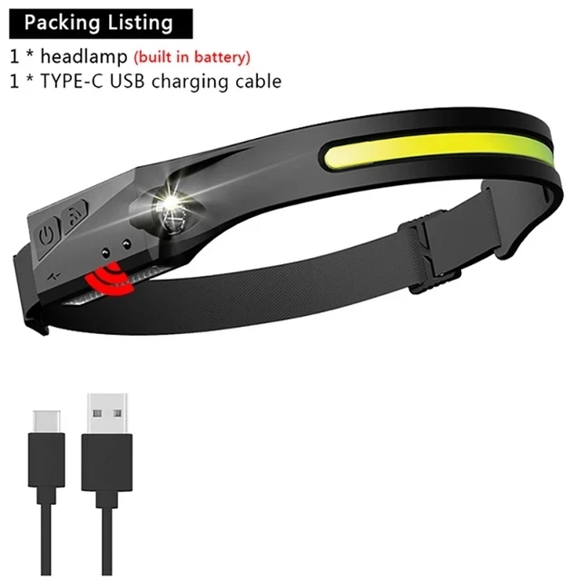 Uppladdningsbar pannlampa 2000 mah superstark ficklampa  t51 induktions-led-strålkastare vattentät camping mobil powerbank blinkande: Röd
