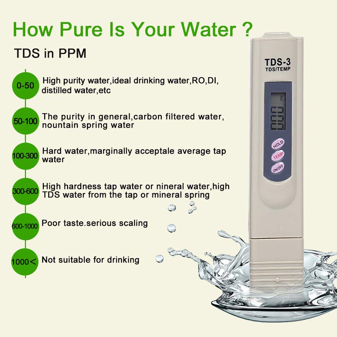 3 uds TDS-3 lápiz para medir TDS portátil Digital medidor de TDS de medición de agua probador de pureza medidor de tds