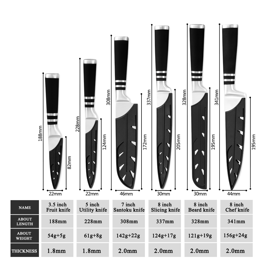 Japanese Chef Kitchen Knives Set 6PCS 8'' Slicing Bread 7'' Santoku 5'' Utility 3.5'' Paring Knife Full Tang Blade Slicer Tool