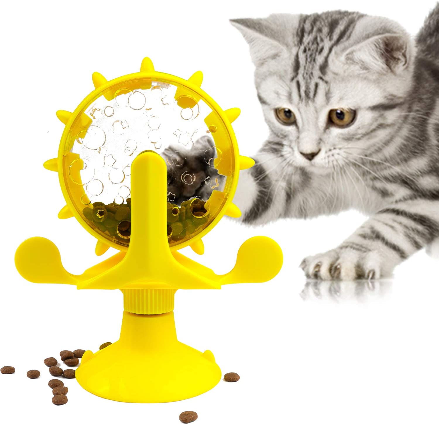 Cat Food Dispenser Toy Pet Slower Interactive Food Puzzle Feeder Puppy Suction Cup Exercise Wheel Treadmill Cat Toys: Yellow