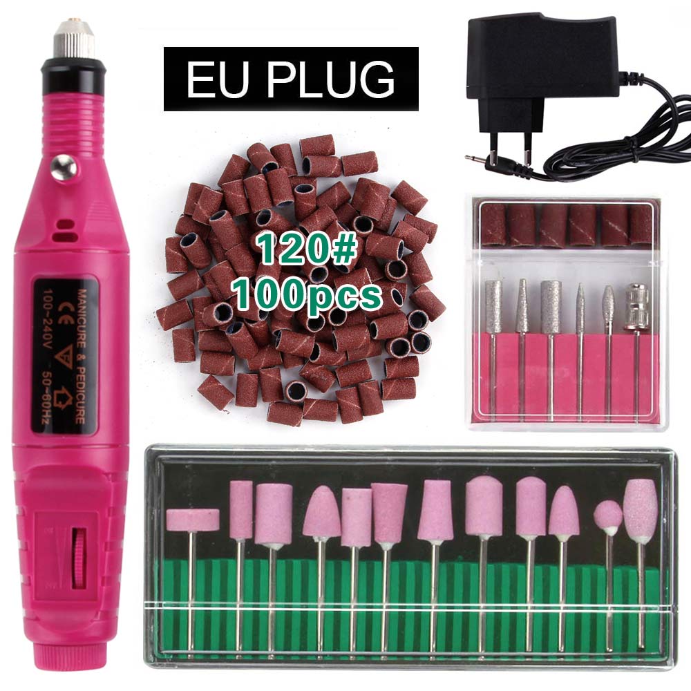 Elektryczne aparaty do Manicure urządzenie do Pedicure kwarcowe wiertła do paznokci 100Pc szlifowanie taśmy szlifierskie pilnik do paznokci bufor żel usuń: Rose EU Plug 120