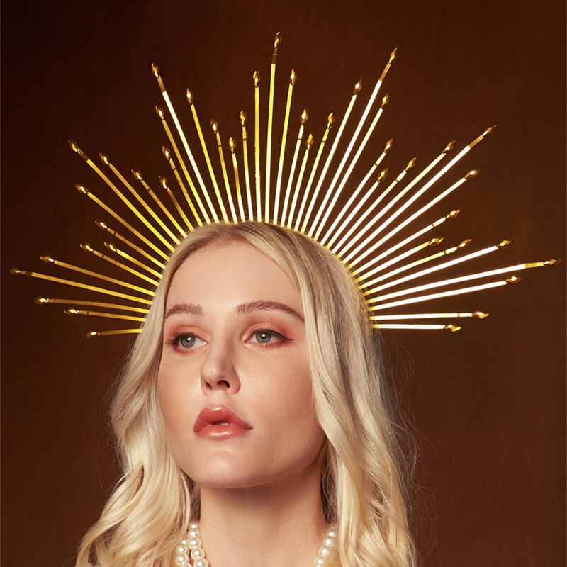 Diosa Halo corona Sunburst Diadema con pinchos dorados con diamantes de imitación para mujer, accesorios para sesión de fotos de boda y Halloween