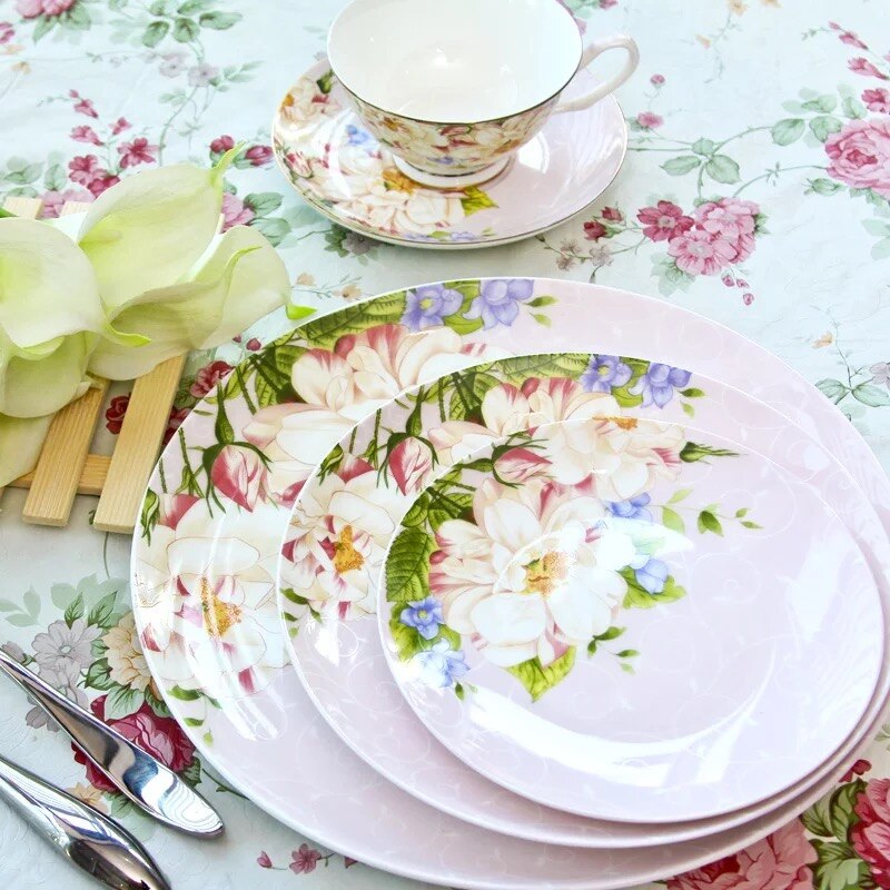 Blauw En Roze Bloemen Servies Set Servies Bone China 10.5 Inch Diner Plaat 8 Inch Salade 6 Inch Dessert plaat Schotel
