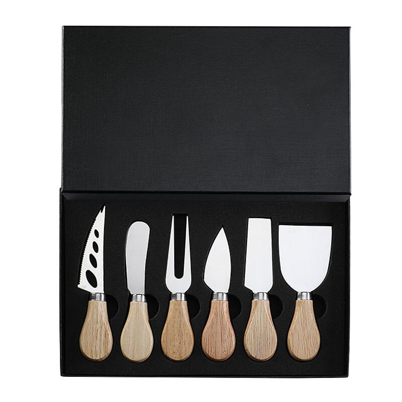 Premium 6-Piece Cheese Knife Set with Box Complete Rubber Wood Handle Steel Stainless Cheese Knives Collection