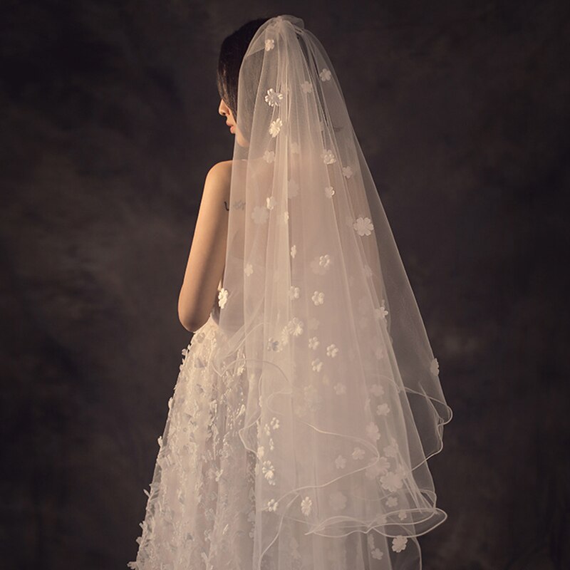 Blomma bröllop tillbehör 3m svansslöja brud romantisk bröllopsslöja 1 lager spets utan kam
