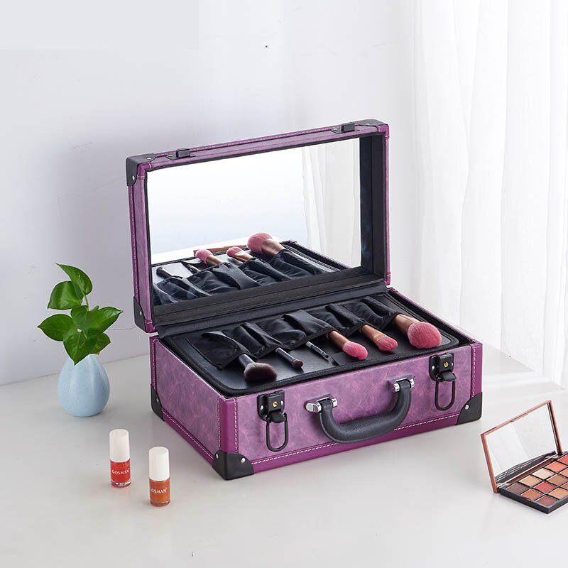 Vintage Zwart Reizen Professionele Make-Up Beauty Manicure Pvc Waterdicht Scheren Draagbare Grote Organizer Opslag Cosmetische Case: violet