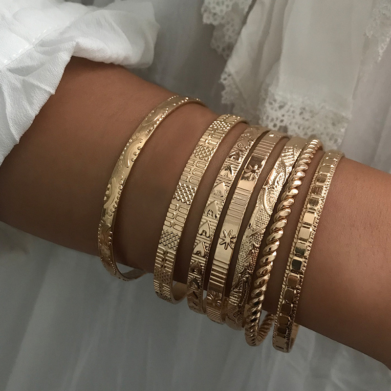 7 pz/set bohemien Vintage oro pesca cuore geometrico intagliato fiore bracciali aperti Set bracciali moda per le donne regali gioielli