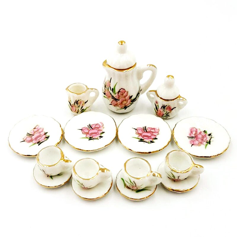 15pcs 1:12 Mini Porcelain Tea Cup Set China Flower Tableware Kitchen Doll House Scene Model Play House Toys: M