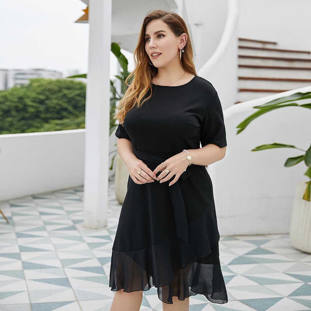 Vestido Midi informal de manga corta para mujer, vestido negro con cinturón, Túnica, cuello redondo, tallas grandes, verano