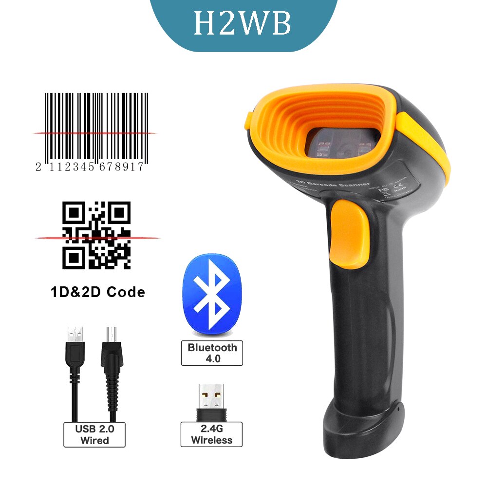 Wireless Wired Handheld Bluetooth Barcode Scanner 1D/2D QR Bar Code Reader for Inventory POS Terminal: H2WB Wireless 2D BT