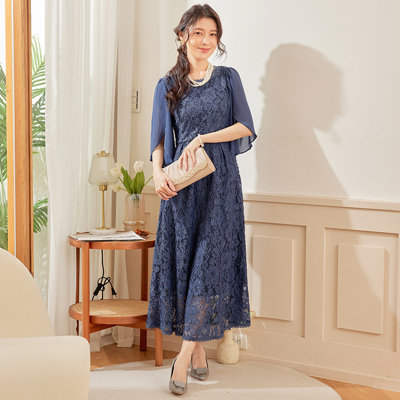 Kvinders festkjole i chiffon med patchwork-blonder og midikjole - perfekt til fester og særlige lejligheder: S / Brun