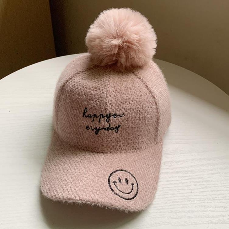 Hoed Vrouwen Herfst Winter Pet Student Koreaanse Stijl Alle-Match Brieven Baseball Cap Pluche Verdikte Warm hoed: Smiling face-pink