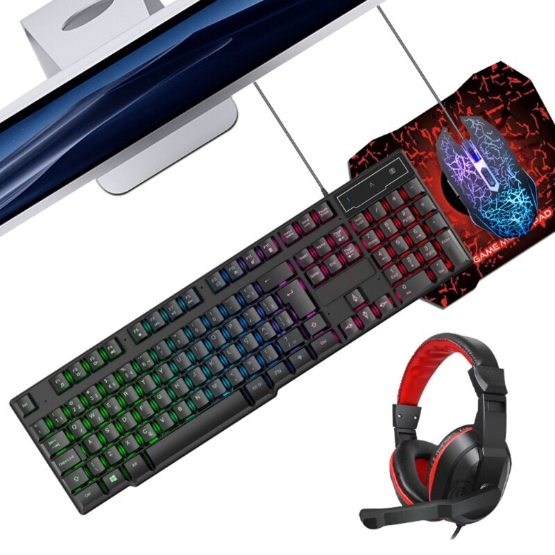 Students Working Computer Gaming Keyboard Mouse Headphones Mouse Pad Set 3600DPI Waterproof Illuminated (Multi Color)