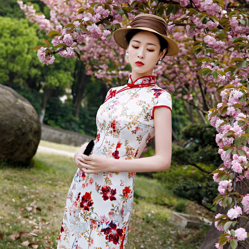 Vestido Qipao largo de estilo chino Vintage hecho a mano con botón Cheongsam para mujer con cuello mandarín vestido tradicional talla 4XL