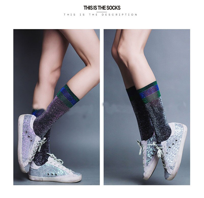 1 Para glänzend Lange Socken Herbst und Frühling neue funkeln silber Bördeln farbe streifen wild in Rohr Socken