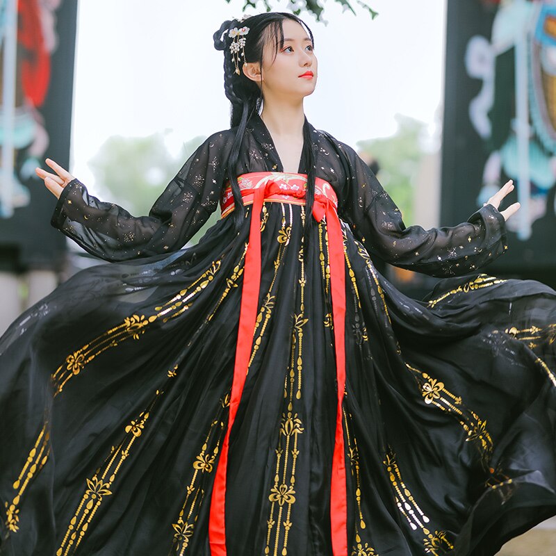 Mujeres negro Hanfu tradicional chino ropa Festival traje bordado estilo antiguo popular puesta en escena trajes de baile DN5500