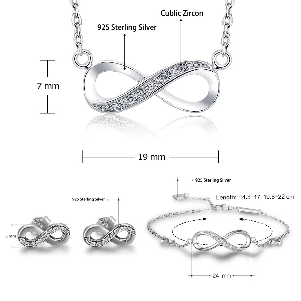 Infinity Sieraden Sets 925 Sterling Zilver CZ Kristal Bedelarmband Hanger Ketting Oorbellen Voor Vrouwen Bruiloft Sieraden
