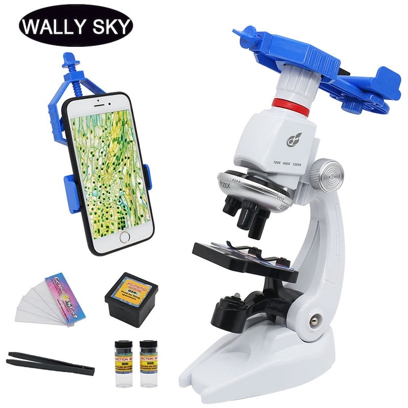 Children Toy Biological Microscope Set 1200X Illuminated Microscope Kit Home School Lab Educational With Cellphone Mount