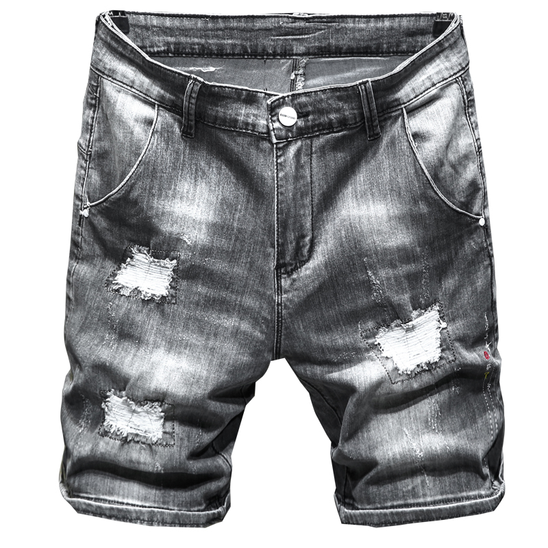 NOVEDAD DE VERANO en pantalones vaqueros cortos rasgados para hombre, pantalones cortos de tela vaquera elásticos gris ajustados informales a la , ropa de para hombre