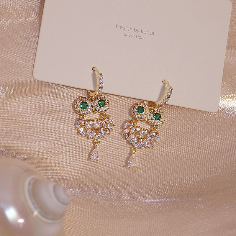 14k Real Gold Exquisite owl Zircon Earring for Women AAA Zircon Green Crystal Earring Daily Pendant Birthday