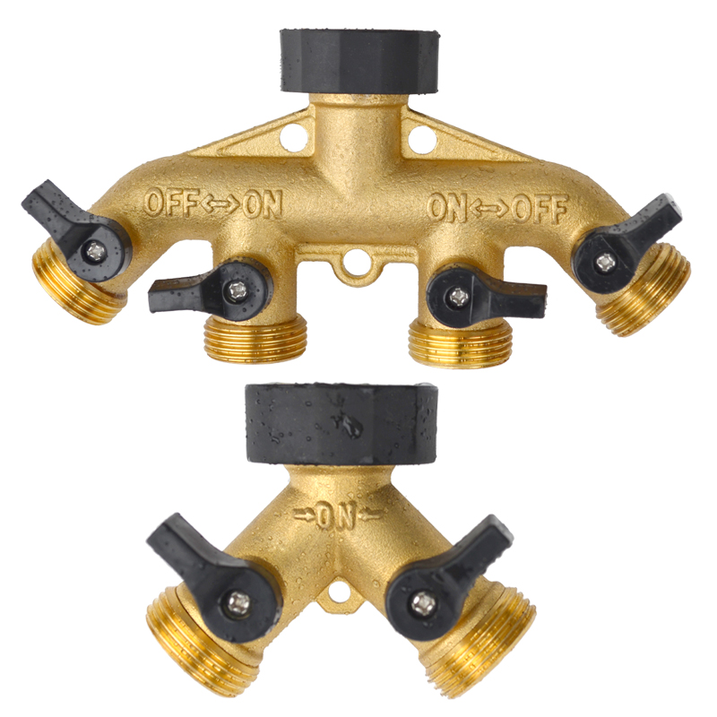 3/4"Heavy Duty Brass Garden Hose Splitter Hose Connector Spigot Adapter with 4 Valves Hose Bib Splitter Outdoor Faucet Splitter