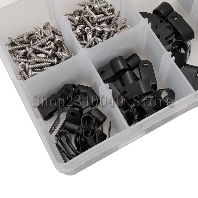 132Pcs Black/White plastic R-type cable clamp classification kit Fasteners Cable R-Type Nylon Cable Clamp self tapping screw