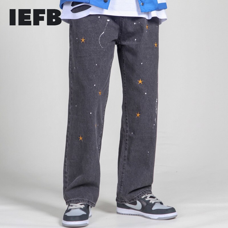 Iefb / herrkläder street splash-ink broderade lösa jeans trendiga raka vintage pappa byxor män hip hop jeansbyxor 9 y 4180