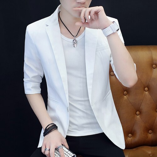 Summer Men Blazer Casual Solid Half Sleeve Slim One-Button Blazer Mens Slim Fit Suit Jacket Black Dress: White / M