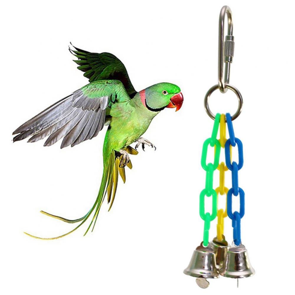 Uccello pappagallo moda blu verde giallo decorazioni ciondolo legno 3 campana catena molare macinazione zampa giocattolo da masticare decorazione gabbia