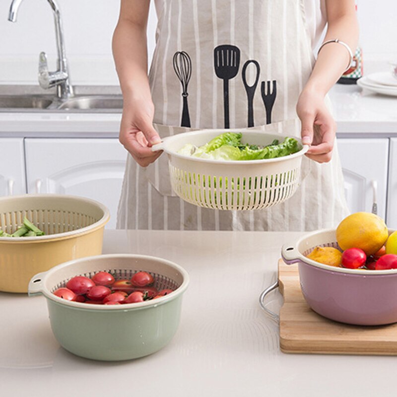 Colador de plástico de doble capa para cocina, cesta de drenaje, frutas y verduras cuenco para lavar, coladores