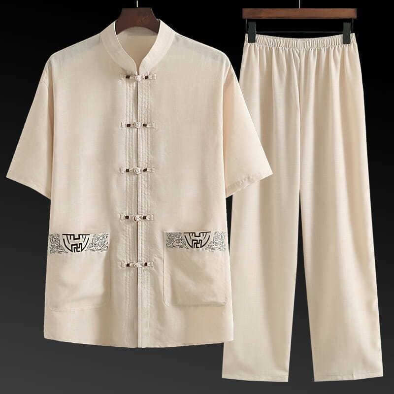 Traditionele Chinese Kleding Set Voor Mannen Volwassen Tai Chi Kung Fu Uniformen Linnen Korte Mouwen Borduren Casual Chinese Kostuums