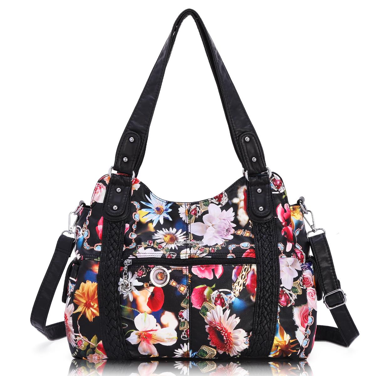 Borse da donna moda PU pelle capiente borsa a tracolla acquirente pacchetto multitasche borsa a tracolla borsa da donna con cerniera Hobos 0044: nero fiore