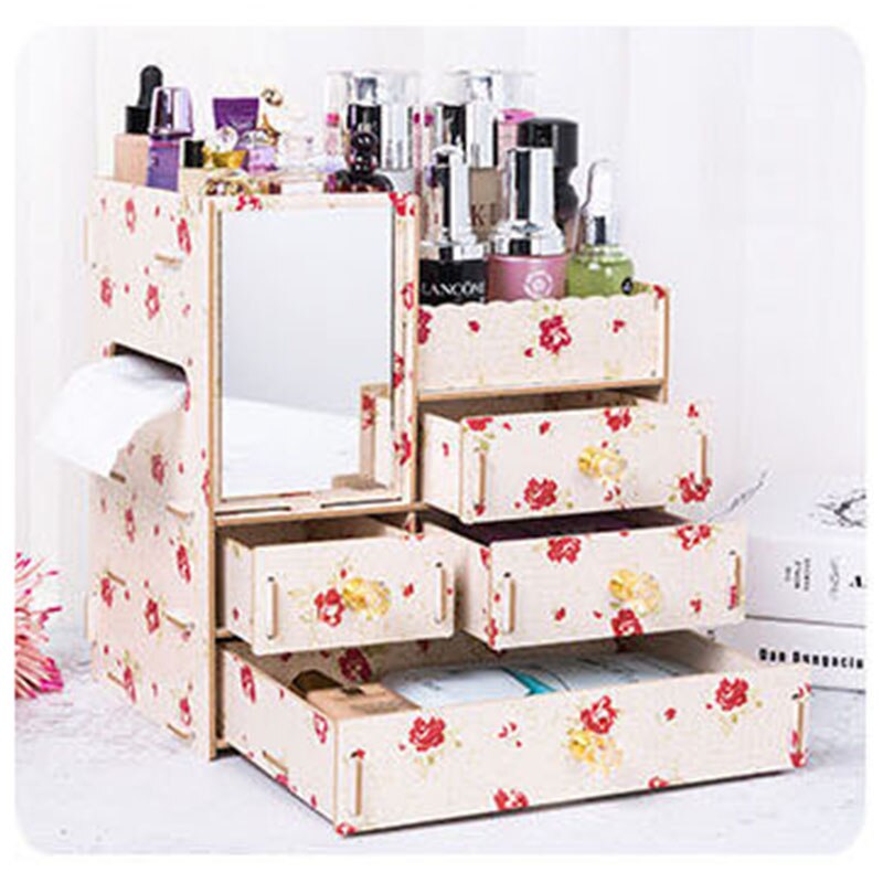 Organizador de maquillaje de madera con espejo, cajón de escritorio, organizador de cosméticos para mujer, tocador, lápiz labial, Perfume, caja de almacenamiento de joyería