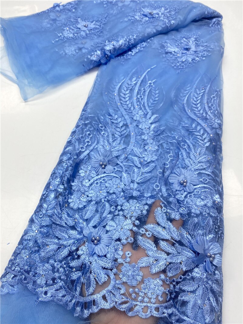 Blue Nigerian 3D Beaded Lace Fabrics African Lace Fabric Lace French Lace Fabric For Wedding Sewing YA3702B-4: Picture 4