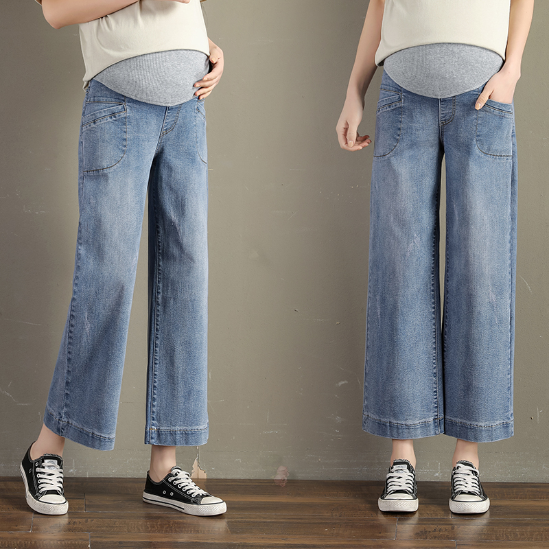 Schwangere Frauen breitbeinig Hosen verlieren Gerade Bauch Jeans Mit Taschen lässig Plus Größe Mutterschaft Baumwolle Schlauch