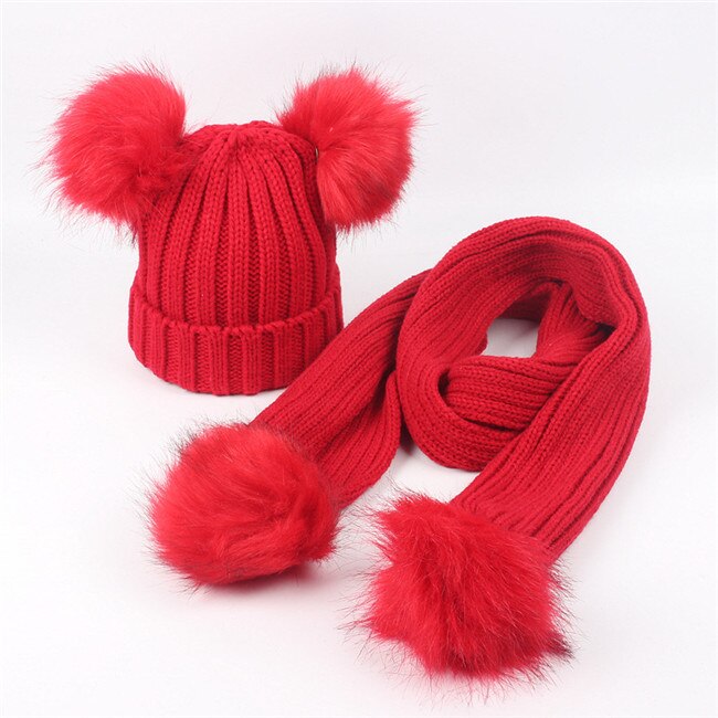 Conjunto de bufanda y gorro para niños y niñas, doble pompón de piel sintética, cálido, tejido, largo, Invierno: red