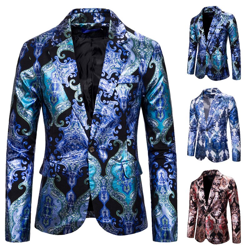 Blazers baroques hommes de luxe Sequin vestes hommes Costumes de scène pour chanteurs hommes cour Blazers bleu Royal impression robe de soirée Club