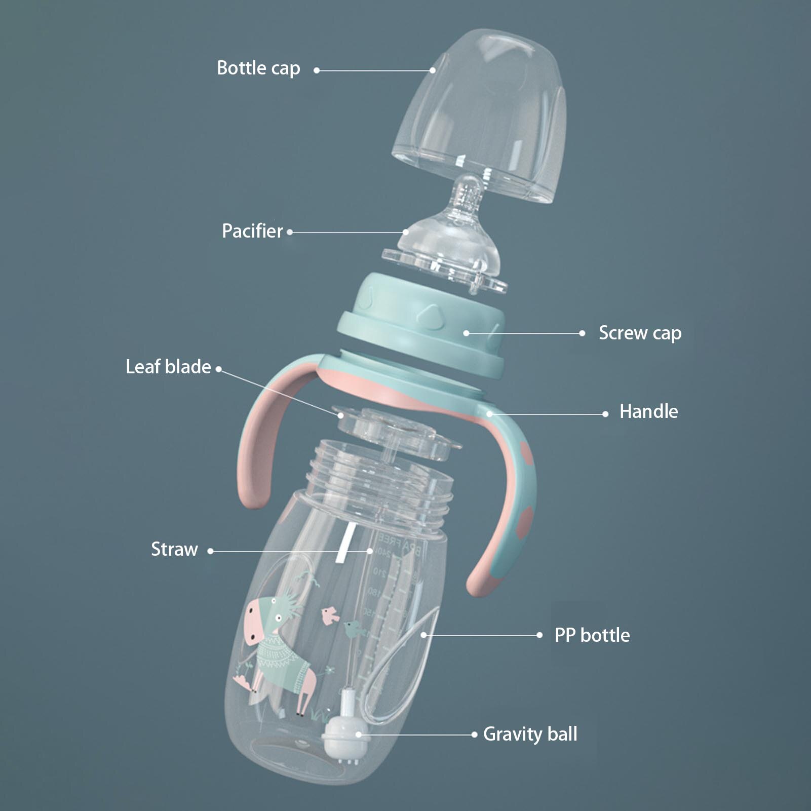 240ml/300ml Infant -proof Baby Wide-caliber Milk Bottle with Straw Handle Cute baby bottles with cartoon designs with Straw