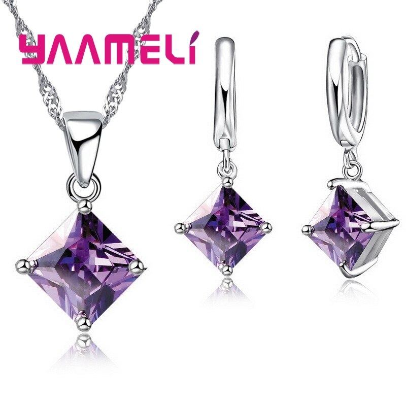 Mode Vrouwen Hangers Ketting Eenvoudige Geometrie Vierkante Oorbellen Kristal 925 Sterling Zilveren Sieraden Sets Voor Bruiloft: purple