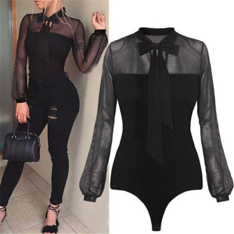 Zomer Bodysuit Vrouwen Sexy Boog Zwarte Mock Hals Patchwork Lange Mouwen Terug Dames Kant Mesh Bodysuit Transparante Tops