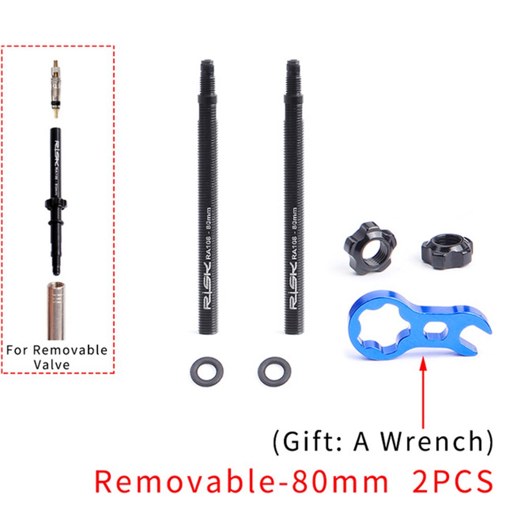 Extensor de válvula Presta para bicicleta, tubos interiores de válvula de accesorio de extensión, 45mm, 80mm, integrada con llave: Removable-80mm