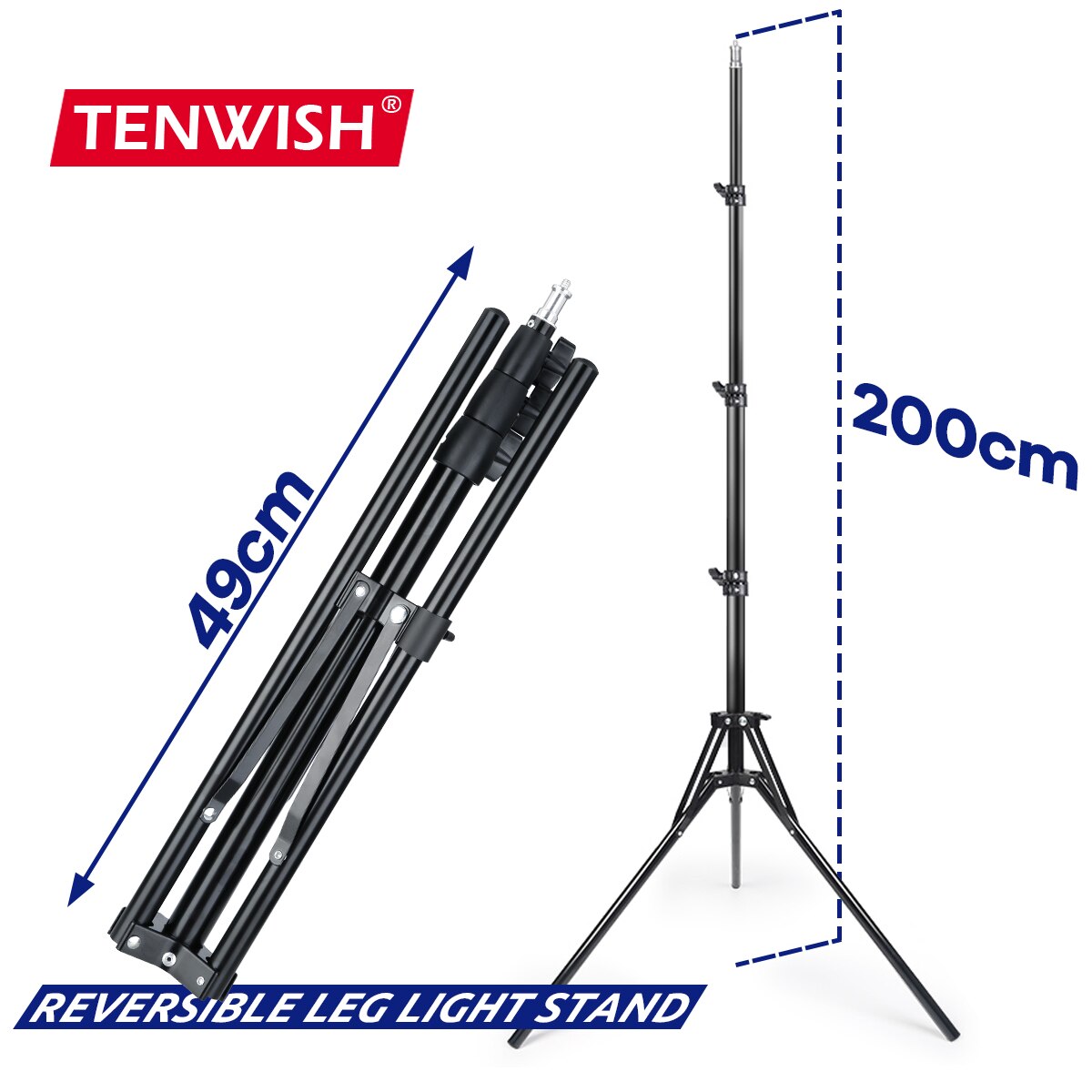 TENWISH 2 Meters 6.5' Reversible Leg Light Stand Compact Portable Tripod for Photographic Studio Ring Lamp Youtuber Tiktok Live