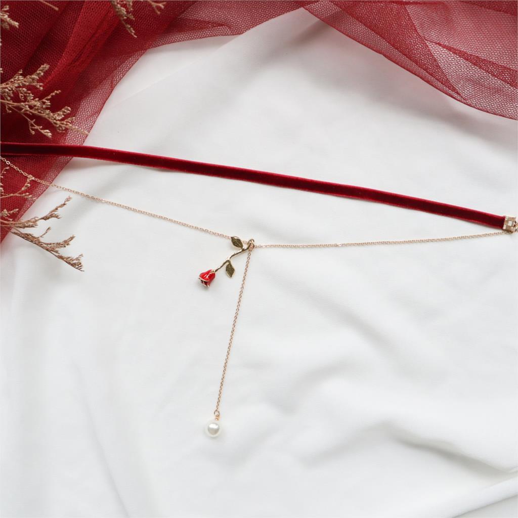 Doreen Box Velvet Choker Necklace Wine Red Rose Flower Crane Pendants Women Collar Chains Party Club Girls Jewelry,1PC