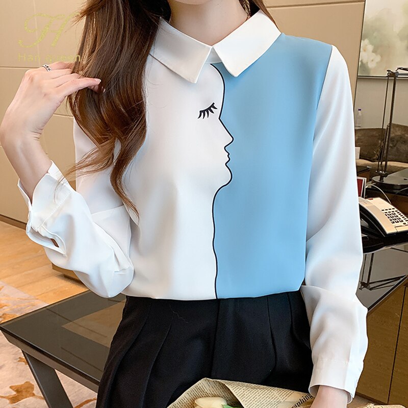 H han queen blusas com costura vintage, blusas femininas elegantes coreanas camisa de escritório manga comprida camisa para mulheres blusa de chiffon