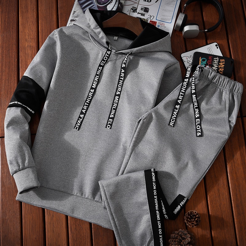 Men's Sport Leisure Suit Hooded Pullover Hoodie Two-piece Suit Long Sleeve Polyester Sport Casual Sweatshirt Suit